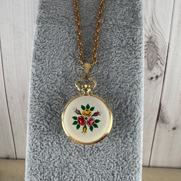 Villeruse 1960s Swiss Hand Wind Necklace Watch with Hand Painted Enameled Roses main image 7